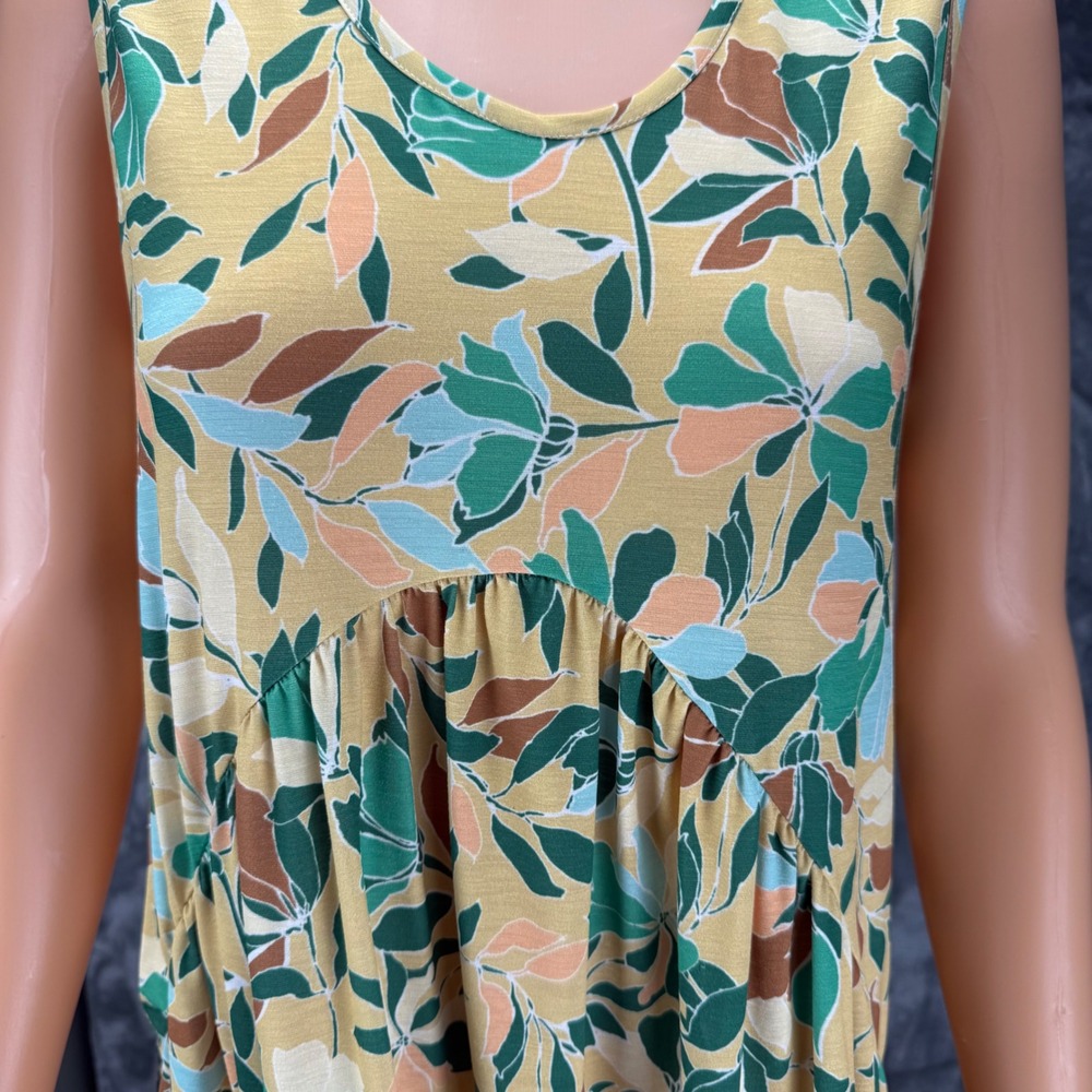 BOMBOM Yellow Green Floral Leaf Print Babydoll Dress Small DA1408 USA Made - Picture 8 of 10